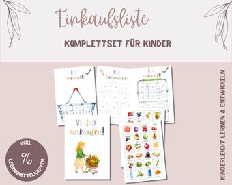 Zestaw list zakupów dla dzieci – 96 kart żywnościowych, lista zakupów i lista rzeczy do spakowania – Planer zakupów Montessori, nauka robienia zakupów – PDF