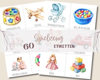 Speelgoedlabels voor kinderkamers - 60 organisatielabels - Montessori organisatie opruimen - speelgoed opbergstickers - stickers -Canva