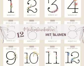 12 biglietti di auguri per le tappe fondamentali del bambino con fiori - Biglietti mensili - Oggi sono io - Regalo di nascita - Primo anno del bambino - PDF