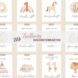 Peut inclure: Un ensemble de 12 cartes étapes avec des illustrations à l'aquarelle et du texte en allemand. Chaque carte présente un design différent, notamment un soleil, un arc-en-ciel, une licorne et un champignon. Les cartes sont pour des jumeaux.