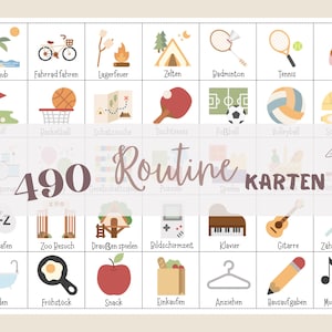 Può includere: Una scheda beige con icone illustrate di attività, tra cui una bicicletta, una tenda e note musicali. Il testo "490 Routine KARTEN" è visualizzato in un carattere scritto a mano. La scheda è progettata per scopi educativi o organizzativi.