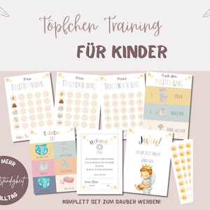 Puede incluir: Un conjunto de materiales para el entrenamiento para ir al baño para niños, con gráficos, un certificado y pegatinas. El diseño incluye ilustraciones y texto en alemán, con una paleta de colores suaves.