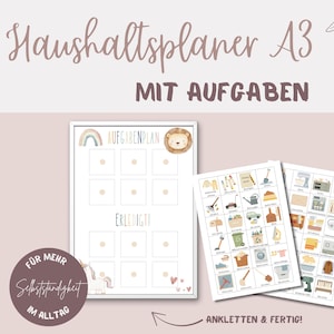 Op de afbeelding: Een set afdrukbare huishoudplannerbladen. Het hoofdblad heeft een regenboog en een leeuw-afbeelding, met de tekst "Aufgabenplan" en "Erledigt". Twee extra bladen bevatten geïllustreerde taken. Tekst bevat "Haushaltsplaner A3", "MIT AUFGABEN" en "ANKLETTEN & FERTIG!"