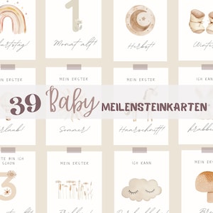 Può includere: Un set di 39 biglietti di pietre miliari per bambini con illustrazioni ad acquerello. Le carte presentano immagini di un arcobaleno, luna, stivali e altri temi per bambini. Il testo include "Geburtstag", "1 Monat alt" e "39 Baby Meilensteinkarten".