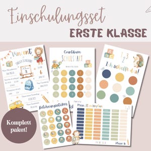 Op de afbeelding: Een set schoolartikelen met de tekst "Einschulungsset ERSTE KLASSE". De set bevat verschillende geïllustreerde kaarten met een leeuw, een schildpad en een egel. De kaarten bevatten aftellingen, stickers en een lesrooster.