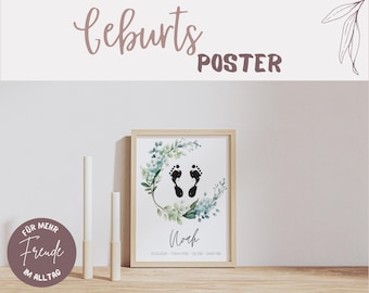 May include: A framed poster with the text "Geburts POSTER" at the top. The poster features baby footprints surrounded by a floral wreath. The name "Noah" is below the footprints, with birth details. Two white candles and a circular sticker with text are in the foreground.