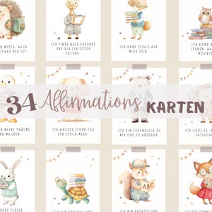 Op de afbeelding: Set van 12 affirmatiekaarten met aquarel illustraties van dieren, waaronder een egel, een giraffe, een vos en een uil. Elke kaart heeft een positieve affirmatie in het Duits. De kaarten zijn ontworpen met een zacht, neutraal kleurenpalet.