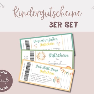 Puede incluir: Tres tarjetas de regalo coloridas con el texto "Kindergutscheine 3ER SET" y elementos decorativos. Las tarjetas tienen varios diseños, incluyendo un sol, globos y un arcoíris. También está presente la frase "Für mehr Freude im Alltag".
