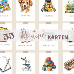 Könnte beinhalten: Eine Sammlung von 12 Aquarellillustrationen auf Karten, die verschiedene tägliche Routinen darstellen. Die Karten zeigen Bilder von Schuhen, einem Hund, einer Jacke, Lesen, Wäsche, Spielen, Kochen, Gärtnern, einem Notizbuch, einem Mikroskop, Blöcken und einem Federmäppchen. Der Text "55 Routine Karten" ist zu sehen.
