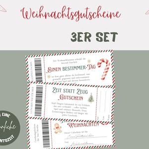 Puede incluir: Un conjunto de tres vales de regalo de Navidad con bordes rojos y verdes. Los vales tienen texto en alemán, incluyendo "Weihnachtsgutscheine" y "3ER SET". Un vale presenta una ilustración de bastón de caramelo.