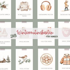 May include: A set of 36 watercolour cards depicting winter activities. Each card shows a different illustration, including a pine cone, a sweater, and a mug of cocoa. The cards are arranged on a light green background, with German text.