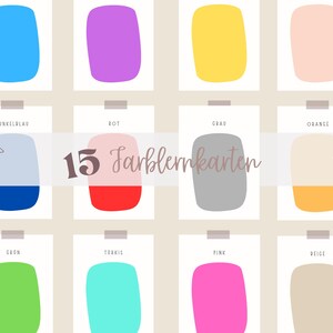 Könnte beinhalten: Eine Sammlung von 15 Farbkarten, jede mit einer anderen Volltonfarbe in einer rechteckigen Form mit abgerundeten Ecken. Die Karten sind in Reihen und Spalten angeordnet, mit Farben wie Blau, Lila, Gelb und Rosa. Der Text "15 Farbkarten" befindet sich in der Mitte.