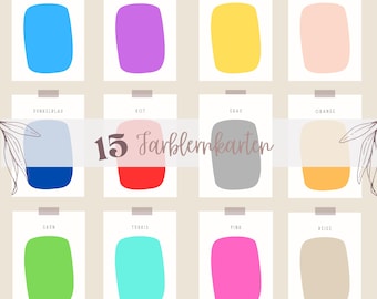 May include: A collection of 15 color cards, each featuring a different solid color in a rectangular shape with rounded corners. The cards are arranged in rows and columns, with the colors including blue, purple, yellow, and pink. The text "15 Farbkarten" is in the center.