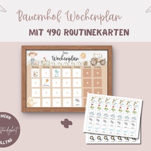 以下が含まれることがあります： 「Bauernhof Wochenplan」と「MIT 490 ROUTINEKARTEN」のテキストが入った木製フレームの週間プランナー。プランナーはイラストと「Dein Wochenplan」のテキストが入ったグリッドレイアウトです。イラスト付きの追加カードが含まれています。