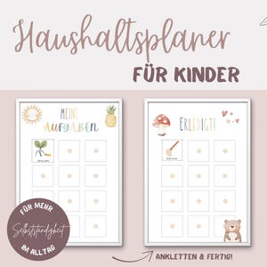 Könnte beinhalten: Zwei gerahmte Aufgabenlisten für Kinder. Der obere Text lautet "Haushaltsplaner FÜR KINDER". Eine Tafel hat eine Sonne- und Ananas-Illustration, die andere einen Pilz und einen Bären. Text beinhaltet "MEINE AUFGABEN" und "ERLEDIGT!"