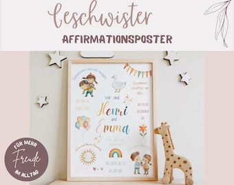 May include: A framed affirmation poster with the words "Geschwister Affirmationsposter" at the top. The poster features illustrations of children, a goose, balloons, a sun, and a rainbow. The text includes "Henri und Emma" and other affirmations.