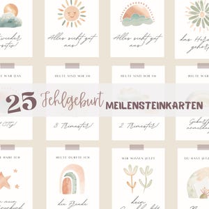 May include: A set of 25 milestone cards with watercolor illustrations and German text. The cards feature images of a sun, clouds, rainbows, and flowers. The text includes phrases like "Alles sieht gut aus!" and "Fehlgeburt Meilensteinkarten."