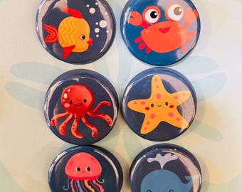 Sea Animal Magnets | 1.5" Custom Button Magnet Set| Fridge Magnets| Ocean Animals Magnets | Beach Lover Gift | Sea Life Decor | MiniMags Co.