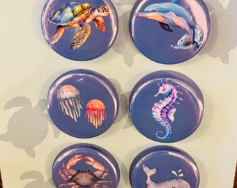 Ocean Animals Magnet Set| 1.5" Custom Magnets! | Sea Life Decor | Ocean Lover Gift | Fridge Magnets | Custom Magnets| Circle |MiniMags Co.
