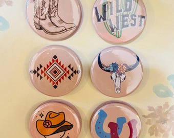 Western Magnet Set of Six | 1.5" Custom Button Magnets | Fridge Magnets | Cowboy Decor | Western Gift Set | Cowgirl | MiniMags Co.
