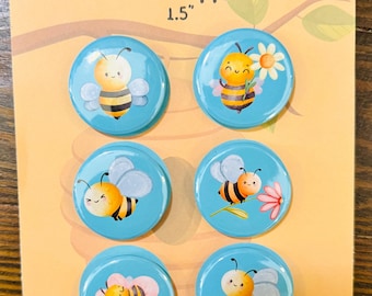 1.5” Bee Magnet Set | Bee Theme Fridge Magnets | Bee Party Favors | Bee Magnets | Magnet Set of 6 | Cute Bee Magnets | MiniMags Co.