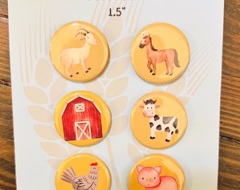 Farm Animal Magnet Set | Barnyard Animal Magnets | 1.5” Round Magnets | Farm Party Favor | Farm Animal Decor | Kids Magnet Set | MiniMags