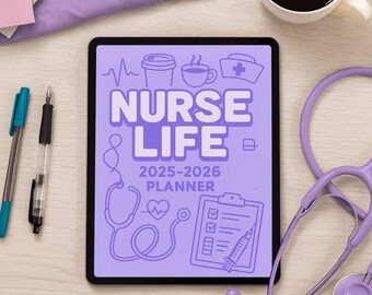 May include: A purple Nurse Life 2025-2026 planner with a stethoscope, pens, and a coffee cup. The planner features medical-themed icons and the text "Nurse Life". A stethoscope and pens are on the left side.