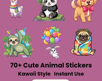 Pode incluir: Imagem de adesivos de animais de desenho animado coloridos, incluindo uma lhama com um cachecol arco-íris, um panda com bambu, um cachorro com olhos de coração, uma preguiça, um coelho com balões e um pug. O texto diz: "70+ adesivos de animais fofos, estilo Kawaii, uso instantâneo."