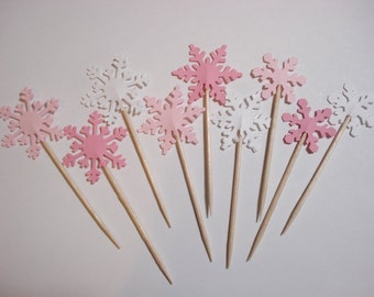 18 pink and white snowflake cupcake or food picks, Pink Christmas