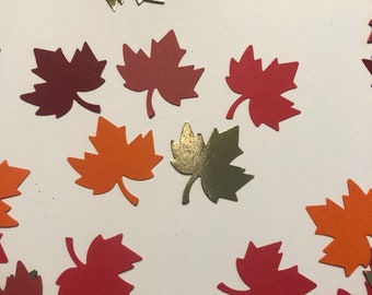 100 Fall colored and gold foil Maple leaf cardstock punches for party decorations, scrapbook embellishments