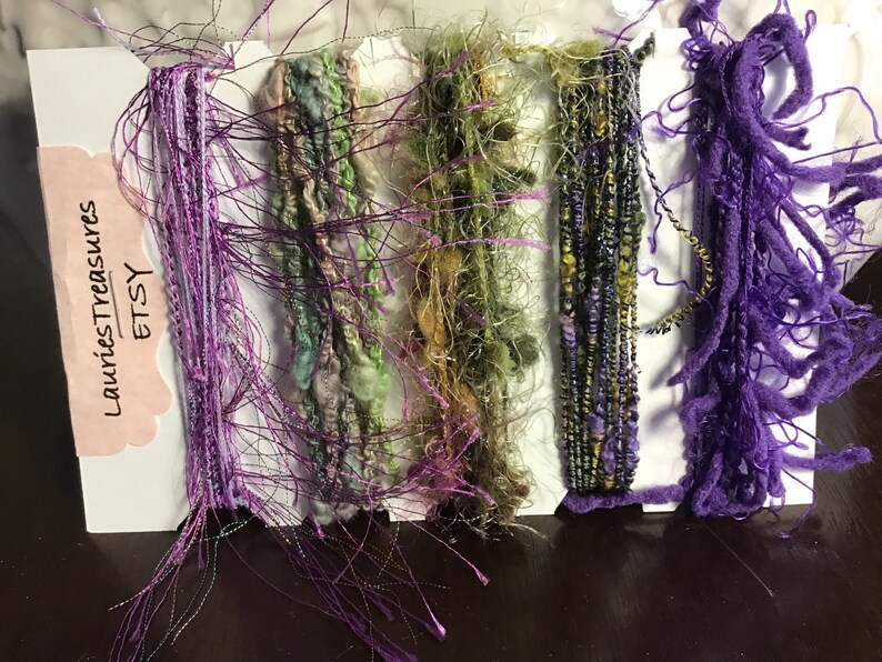 Specialty yarn art fiber embellishment bundle Lilac and Green Etsy