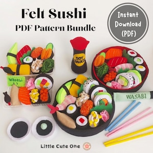 Peut inclure: Un ensemble de patrons PDF pour sushis en feutrine comprenant divers éléments comme des makis, des nigiris et une bouteille de sauce soja. Le lot inclut deux bols ronds en feutrine noire, deux boîtes transparentes et des baguettes en feutrine.