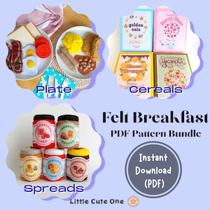 May include: A felt breakfast PDF pattern bundle featuring soft toy food items including plates with eggs, bacon, and toast, cereal boxes labeled Golden Oats, Berry Blast, Choco Orange, and Granola, and jars of spreads like honey, jam, and peanut butter.