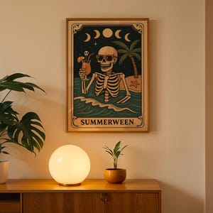 Summerween Decor art mural imprimable - affiche numérique effrayante - art squelette de plage