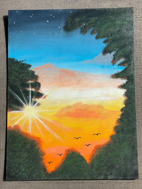 12インチ×9インチのキャンバスボードに描かれたオリジナルの夕焼け