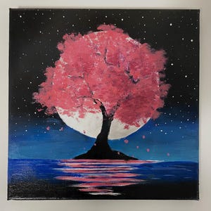Moonlit Cherry Blossom Tree - Original Acrylic painting on 10&quot; x 10&quot; canvas