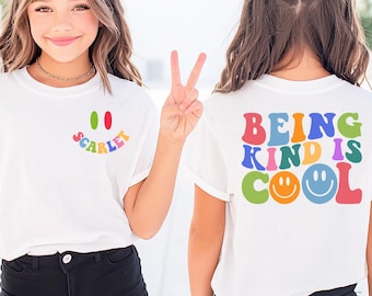 Personalized Being Kind Is Cool Shirt, Smiley Face Custom Name Kids Graphic Tee, Positive Kindness Message Shirt, School Inspiration Shirt