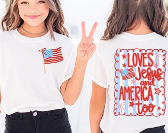 クリスチャンガールズシャツ、イエスとアメリカも大好きTシャツ、7月4日ガールズシャツ、愛国的な信仰キッズTシャツ、VBSギフト、アメリカ250ガールズTシャツ