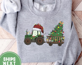 Christmas Tractor Kids Sweatshirt, Santa Hat Tractor Tree Holiday Sweater, Cozy Farm Xmas Sweatshirt for Kids, Boys Girls Winter Tractor tee