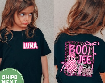 Maglietta personalizzata Boojee per Halloween, maglietta carina con fantasma per Halloween, maglietta rosa con nome personalizzato per ragazze con fantasma per Halloween, maglietta con fantasma spettrale