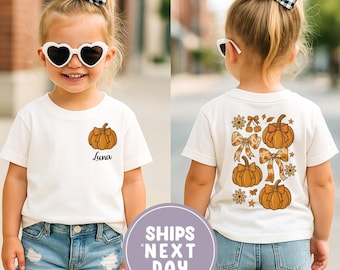 Camiseta de calabaza con lazo coquette personalizada para niños, camiseta de Acción de Gracias para niños, camiseta de calabaza de otoño para niños, camiseta de otoño con nombre personalizado para niños, camiseta de otoño