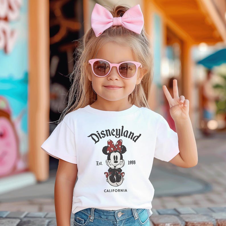 May include: A young girl wearing a white t-shirt with a Disneyland graphic, pink sunglasses, and a large pink bow. The shirt features Minnie Mouse and the text "Disneyland Est. 1955 California". She is giving a peace sign.