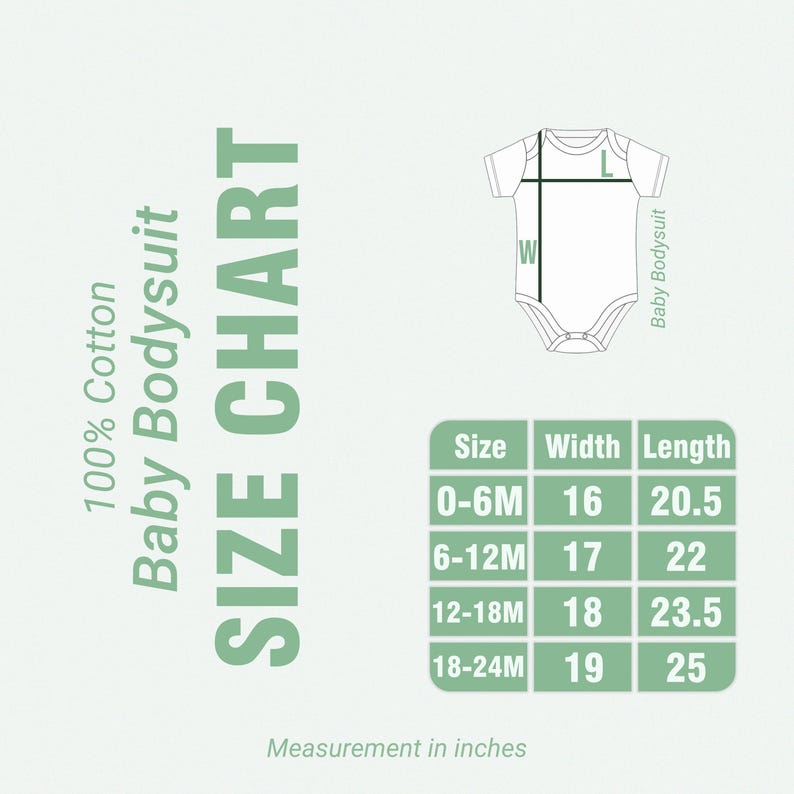May include: A size chart for a baby bodysuit, with measurements in inches. The chart includes sizes 0-6M, 6-12M, 12-18M, and 18-24M, with corresponding width and length measurements. The text "100% Cotton Baby Bodysuit" is also present.