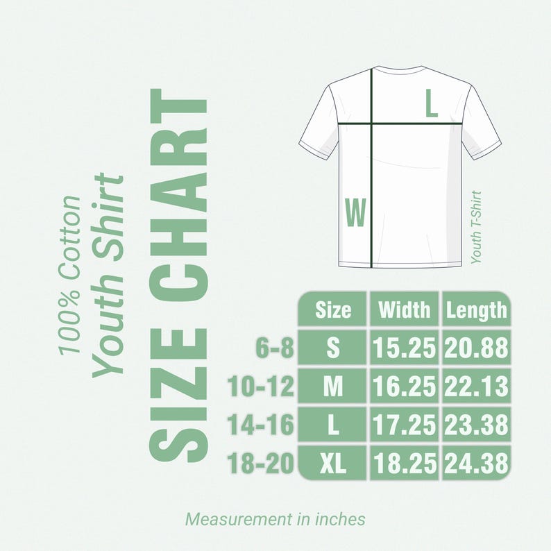 May include: A white youth t-shirt size chart with measurements in inches. The chart includes sizes S, M, L, and XL, with corresponding width and length measurements. The shirt is made of 100% cotton.