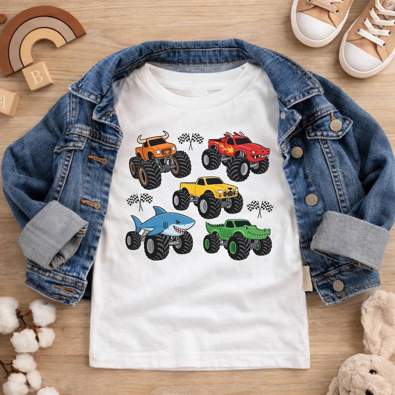 May include: White t-shirt with five cartoon monster trucks: orange with horns, red with flames, yellow, a shark, and a green alligator. Each truck has large black tyres and is set against a checkered flag background. A denim jacket and shoes are in the background.