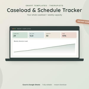May include: A digital Caseload & Schedule Tracker template for Excel and Google Sheets. The interface displays a dashboard with metrics for caseload, weekly load, capacity, and usage percentage, alongside a line graph for weekly session load.