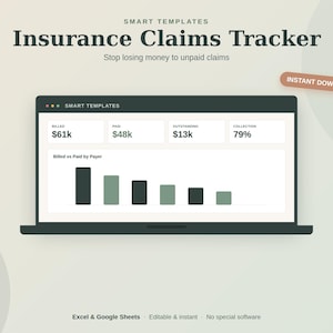 May include: A digital insurance claims tracker template displayed on a laptop screen. The interface shows financial data including billed, paid, and outstanding amounts, a collection percentage, and a bar chart titled Billed vs Paid by Payer.