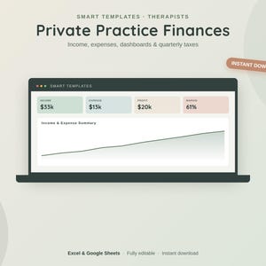 Könnte beinhalten: Eine digitale Finanzvorlage für Therapeuten mit dem Titel Private Practice Finances, die auf einem Laptop-Bildschirm angezeigt wird. Sie enthält ein Dashboard zur Zusammenfassung von Einnahmen und Ausgaben mit Datenfeldern für Gewinn und Marge.