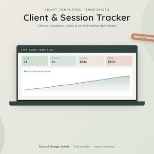Peut inclure: Un modèle numérique de suivi des clients et des séances pour thérapeutes affiché sur un écran d'ordinateur portable. L'interface présente un tableau de bord interactif avec des indicateurs pour les clients actifs, les séances, les revenus et les soldes impayés, ainsi qu'un graphique de tendance des revenus mensuels.