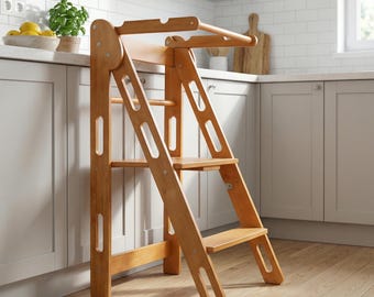Personalized Wooden Learning Tower, Montessori Kitchen Helper Stool, Foldable Toddler Step Stool